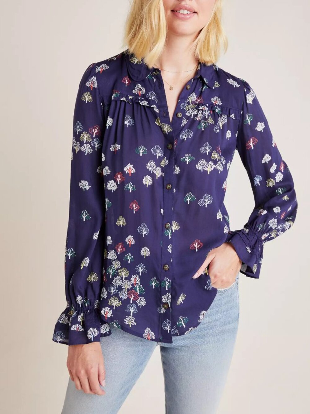 Anthropologie Maeve Tree Print Fredericka Button Down Top Blouse Navy Blue 10
